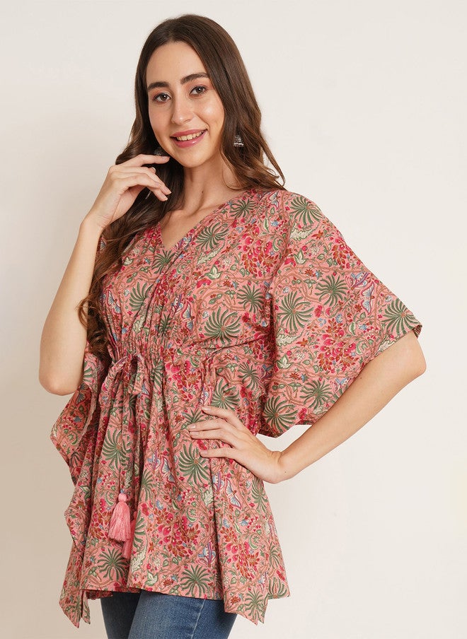 COTLAND FASHION Floral Print V-Neck Kimono Sleeve Cotton Kaftan Top - Image 4