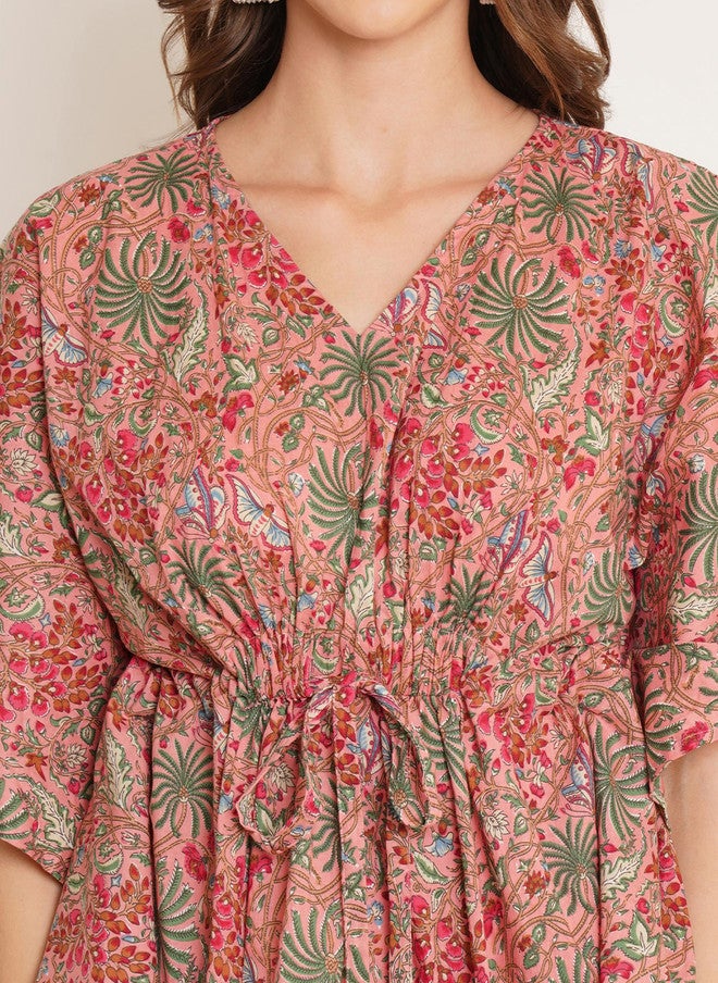 COTLAND FASHION Floral Print V-Neck Kimono Sleeve Cotton Kaftan Top - Image 2