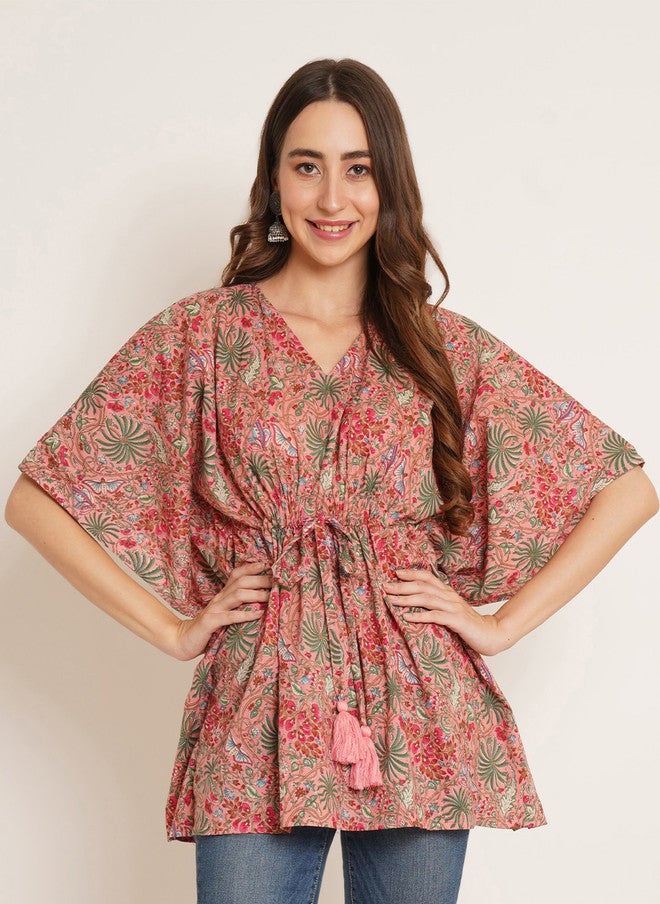 COTLAND FASHION Floral Print V-Neck Kimono Sleeve Cotton Kaftan Top - Image 1
