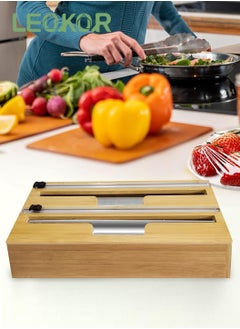 LEOKOR Food Wrap Dispenser 2 in 1 Foil and Plastic Wrap Dispenser with Slide Cutter Wood Roll Organizer Holder Compatible with 12" Roll  - Image 2