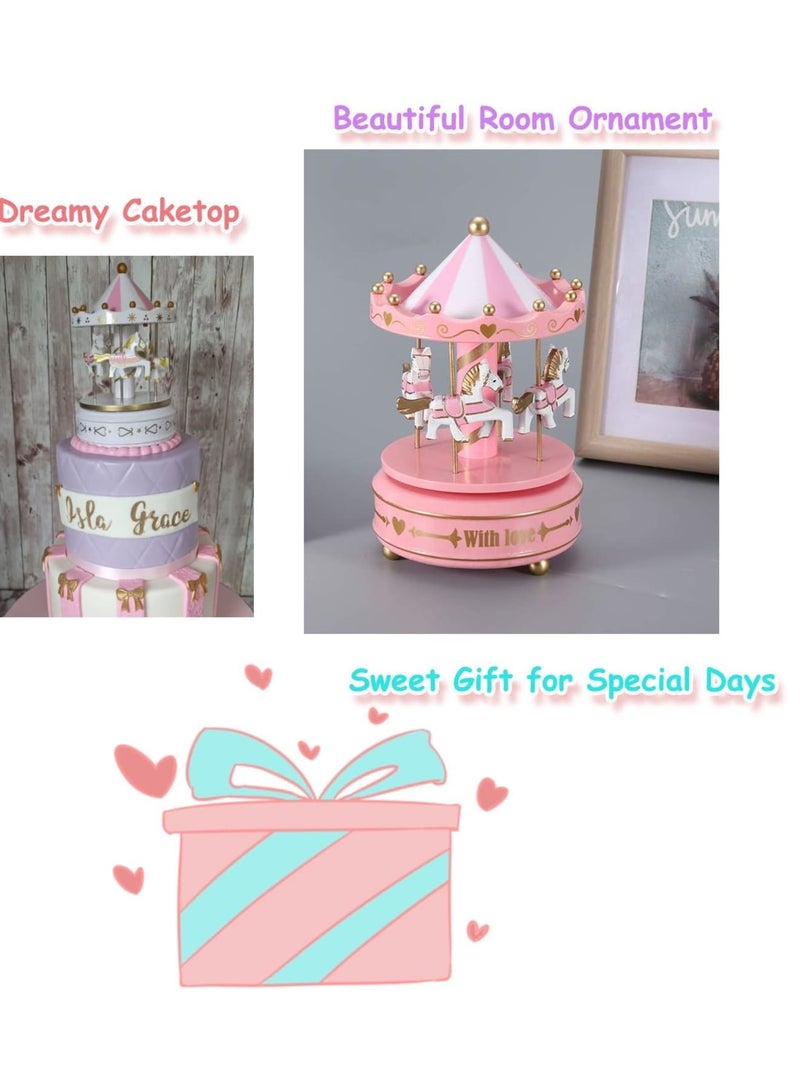 Barakah Luminous Musical Carousel, Wind-Up 4-Horse Rotating Music Box with LED Lights, Vintage Merry-Go-Round Toy, Baby Girls Christening Gifts, Xmas Decoration, Plays "Castle in the Sky", Pink - Image 2