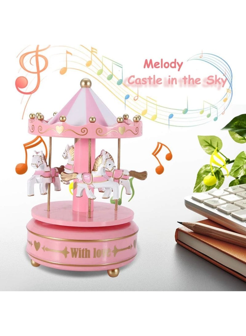 Barakah Luminous Musical Carousel, Wind-Up 4-Horse Rotating Music Box with LED Lights, Vintage Merry-Go-Round Toy, Baby Girls Christening Gifts, Xmas Decoration, Plays "Castle in the Sky", Pink - Image 4