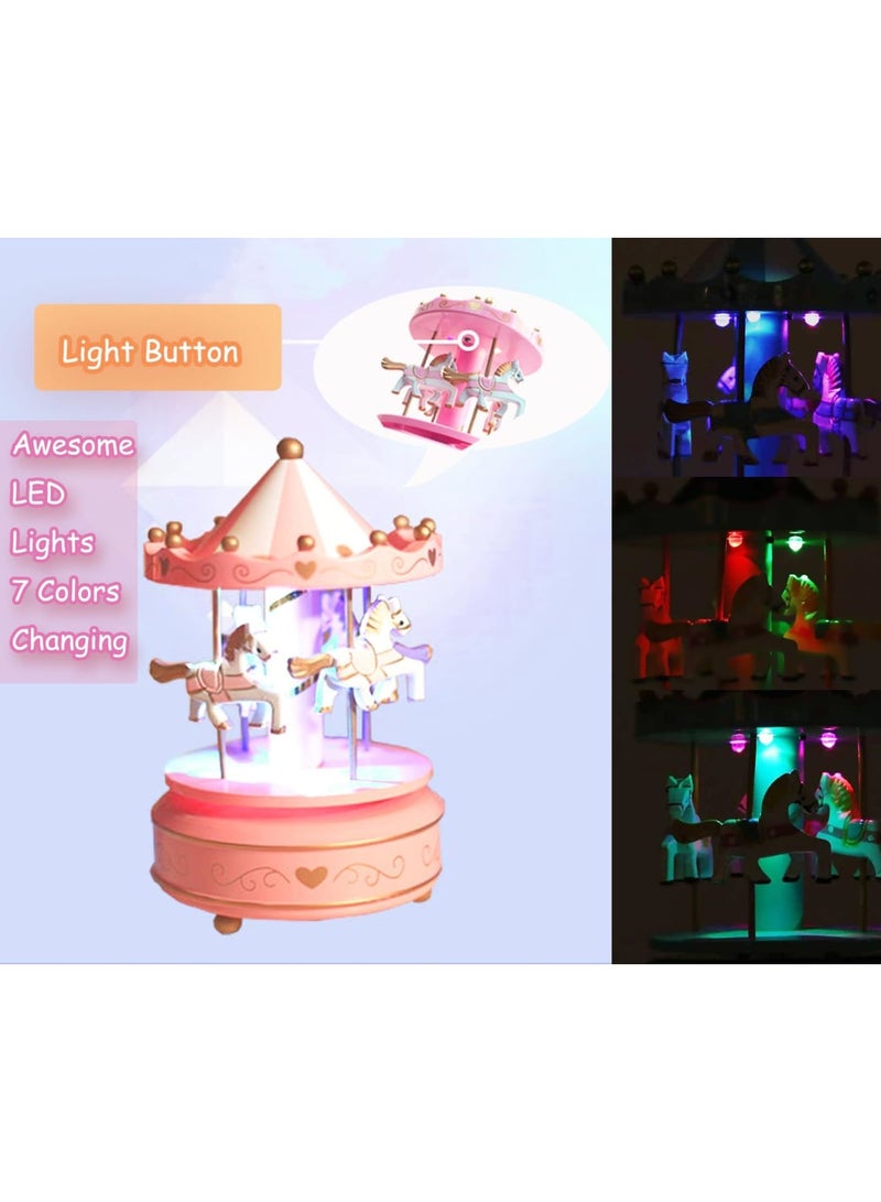 Barakah Luminous Musical Carousel, Wind-Up 4-Horse Rotating Music Box with LED Lights, Vintage Merry-Go-Round Toy, Baby Girls Christening Gifts, Xmas Decoration, Plays "Castle in the Sky", Pink - Image 3