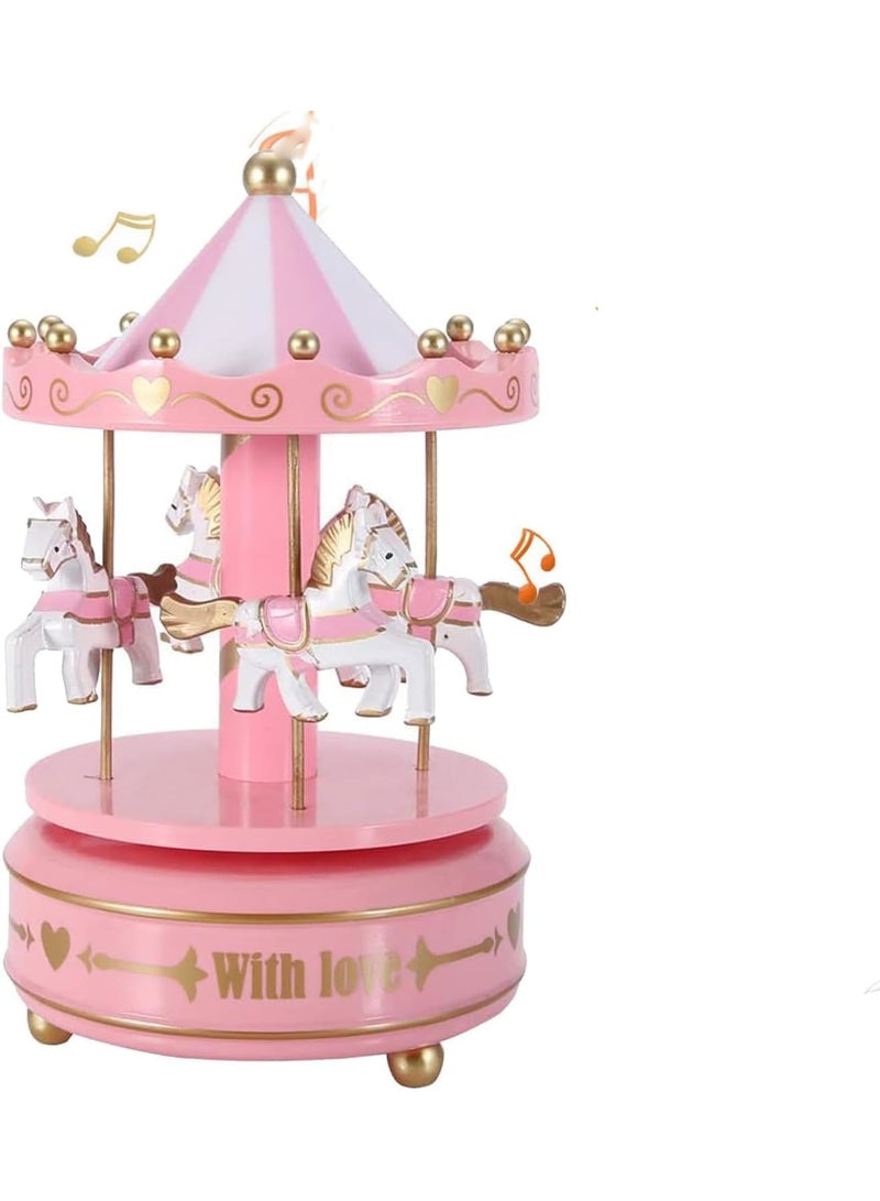 Barakah Luminous Musical Carousel, Wind-Up 4-Horse Rotating Music Box with LED Lights, Vintage Merry-Go-Round Toy, Baby Girls Christening Gifts, Xmas Decoration, Plays "Castle in the Sky", Pink - Image 1