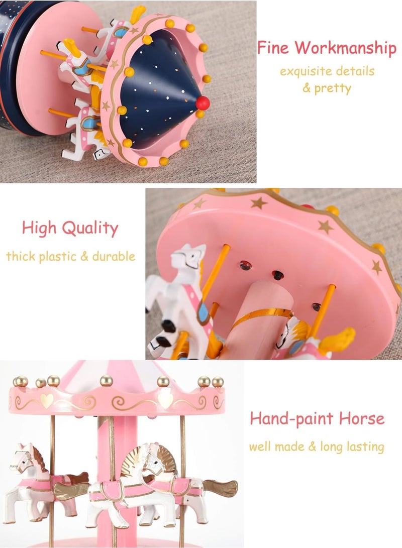 Barakah Luminous Musical Carousel, Wind-Up 4-Horse Rotating Music Box with LED Lights, Vintage Merry-Go-Round Toy, Baby Girls Christening Gifts, Xmas Decoration, Plays "Castle in the Sky", Pink - Image 5