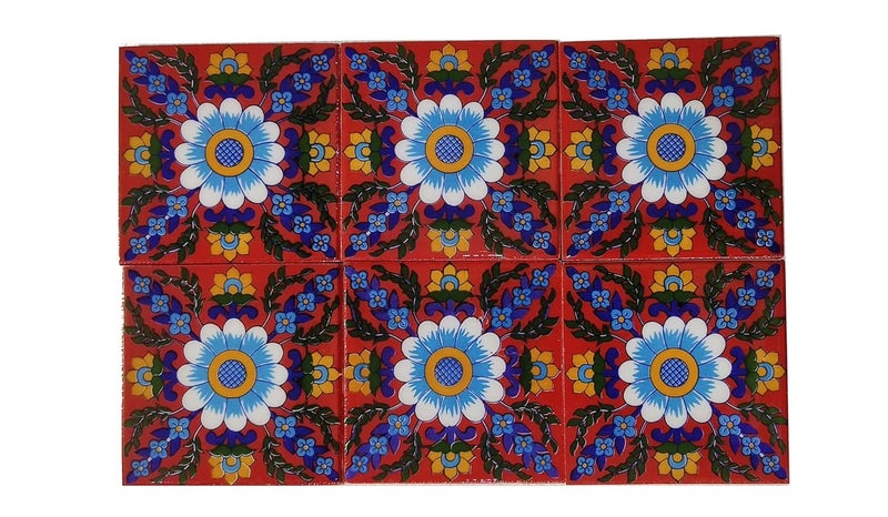 Shiv Kripa Blue Pottery Shiv Kripa Blue Pottery Luxury Floral Decorative Crafted Tabletop Flooring Wall Interior Exterior Traditional 4 x 4 inch Tiles Pack of 6 Tiles Blue 