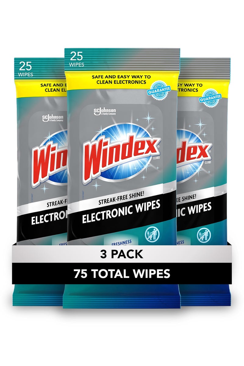 Windex Electronic Cleaning Wipes, Pre-Moistened Screen Wipes for TVs, Phones, and Other Electronics, Resealable for a Freshness Lock, 25 Count (Pack of 3) - Image 1