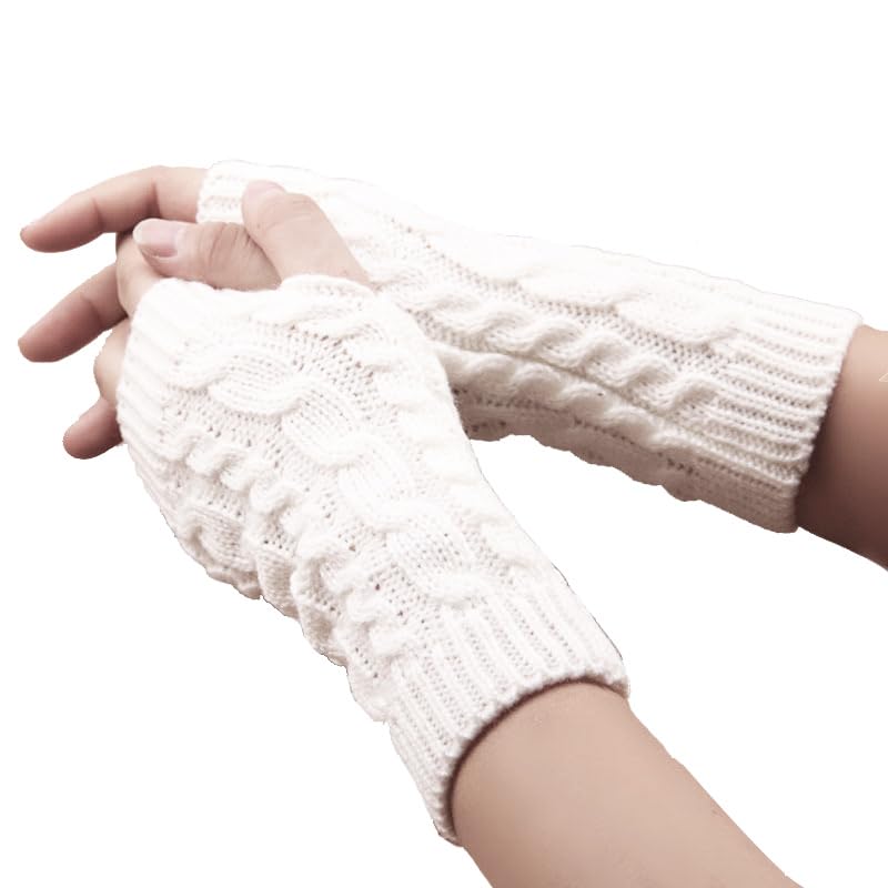 Alexvyan White Self Design Knitted Woolen Warm Comfortable Fingerless Gloves Winter Accessories Hand Warmer for Women Girls - Image 1