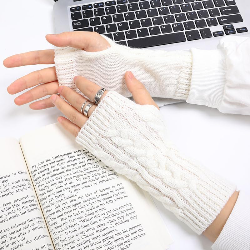 Alexvyan White Self Design Knitted Woolen Warm Comfortable Fingerless Gloves Winter Accessories Hand Warmer for Women Girls - Image 5