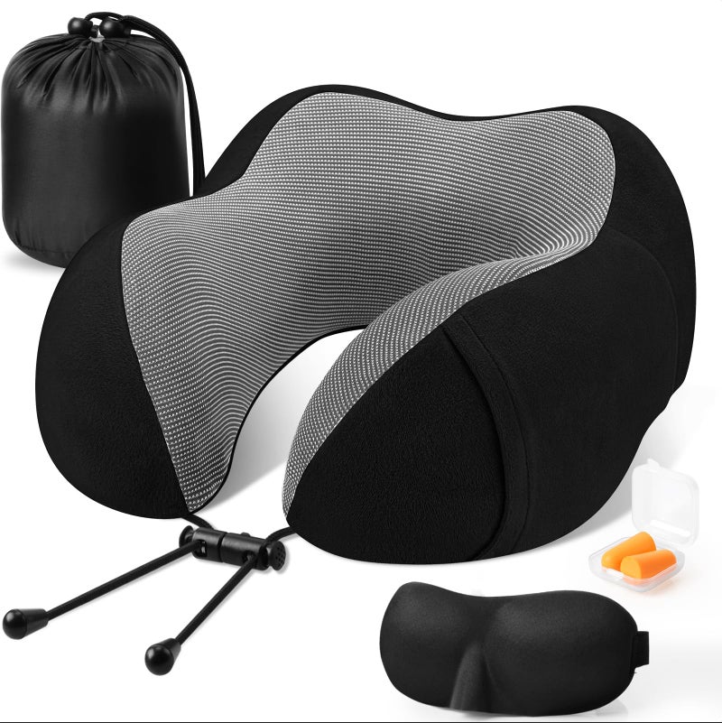 CloudBliss Travel Pillow Premium Memory Foam Comfortable  Supportive Neck Pillow Sleeping Neck Pillows for Travel Airplane Pillow for Sleeping Airplane Car Office and HomeBlack