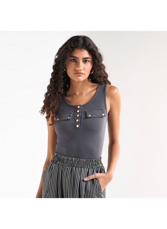 FAV Ribbed Tank Top with Round Neck and Flap Detail  - Image 1