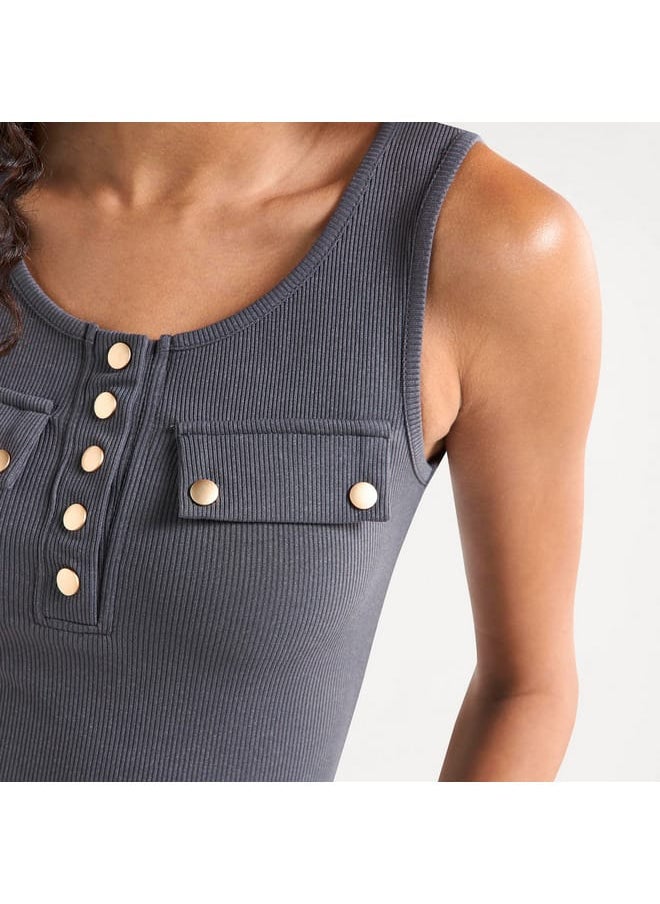 FAV Ribbed Tank Top with Round Neck and Flap Detail  - Image 4