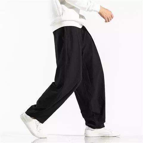 Spring and Summer Chinese Style Loose Thigh Pants Meditation Pants Cotton and Linen Bloomer Pants plus size Fat Buddha Style Monk Pants Mens Wide Leg Pants 801 Black high quality 