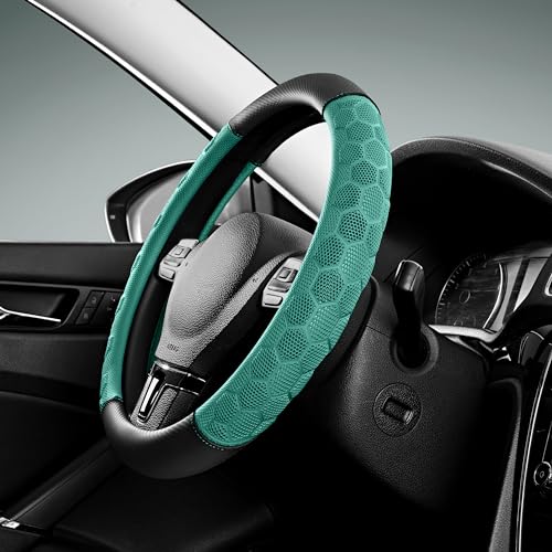 PIC AUTO Massage Steering Wheel Cover, Mint Football Pattern Material Spliced Leather Car Steering Wheel Protector, Car Interior Accessories, Universal Fit 14.5"-15.5" for Cars, Trucks, Van, SUV - Image 1