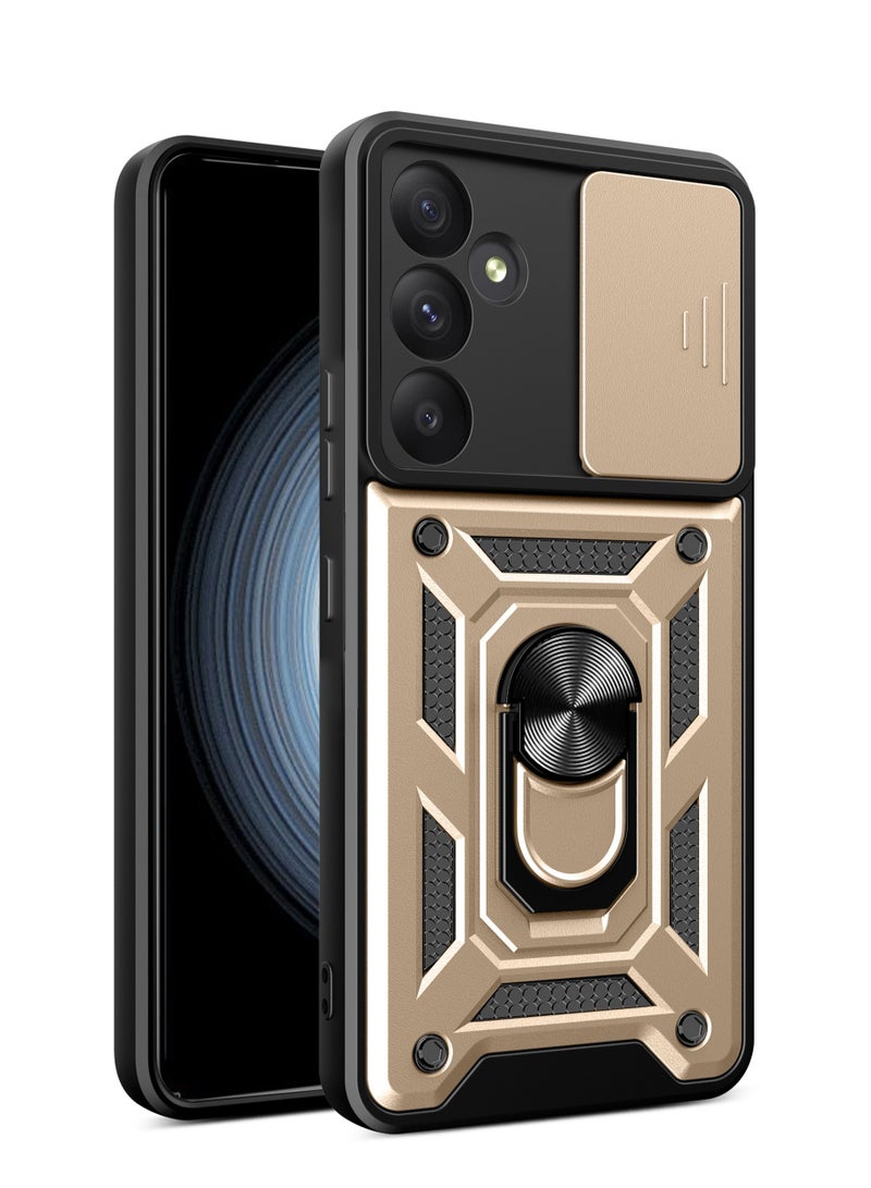Shunjia Sliding Window Case, Shockproof Rugged Armor with Sliding Camera Cover & 360° Ring Kickstand, Compatible with Samsung Galaxy A55 (Gold)