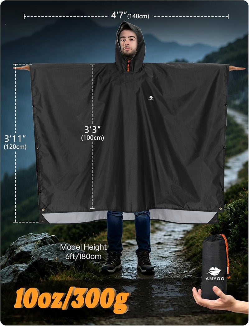 ANYOO Hooded Waterproof Rain Poncho for Adults - Lightweight Reusable Rain Jacket for Outdoor Activities (Black) - Image 3