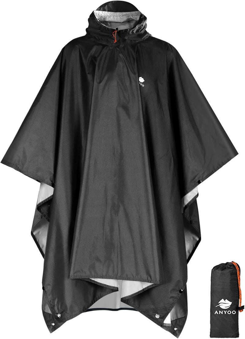 ANYOO Hooded Waterproof Rain Poncho for Adults - Lightweight Reusable Rain Jacket for Outdoor Activities (Black) - Image 1