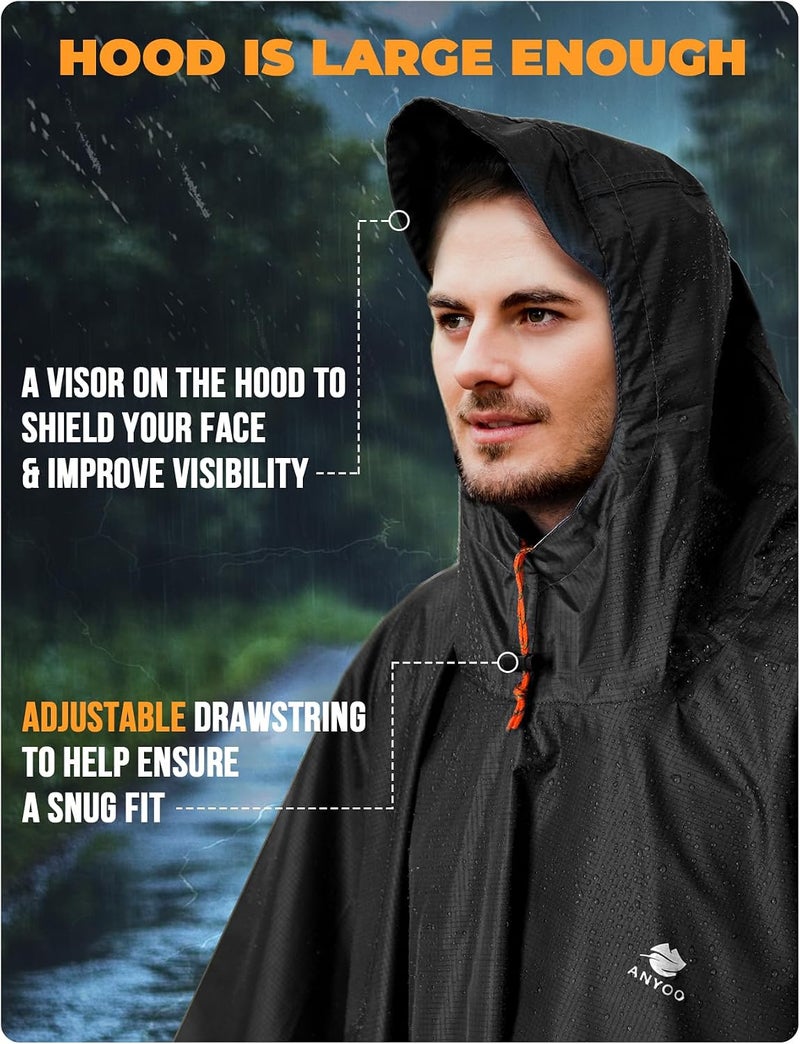 ANYOO Hooded Waterproof Rain Poncho for Adults - Lightweight Reusable Rain Jacket for Outdoor Activities (Black) - Image 5