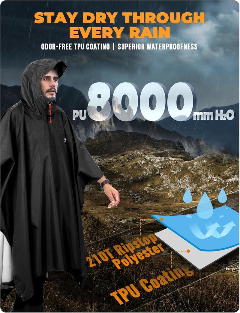 ANYOO Hooded Waterproof Rain Poncho for Adults - Lightweight Reusable Rain Jacket for Outdoor Activities (Black) - Image 4