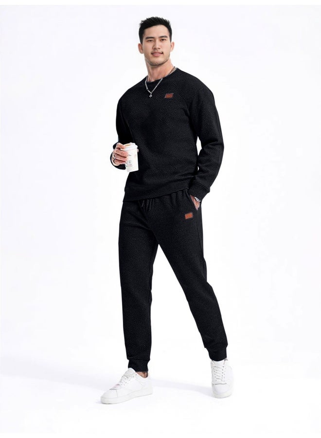 SPRING Autumn Men's Hoodie Sport Casual Solid Color Round Neck Jacquard Knit Sweater Two-piece Set Long Sleeve Long Pants - Image 5