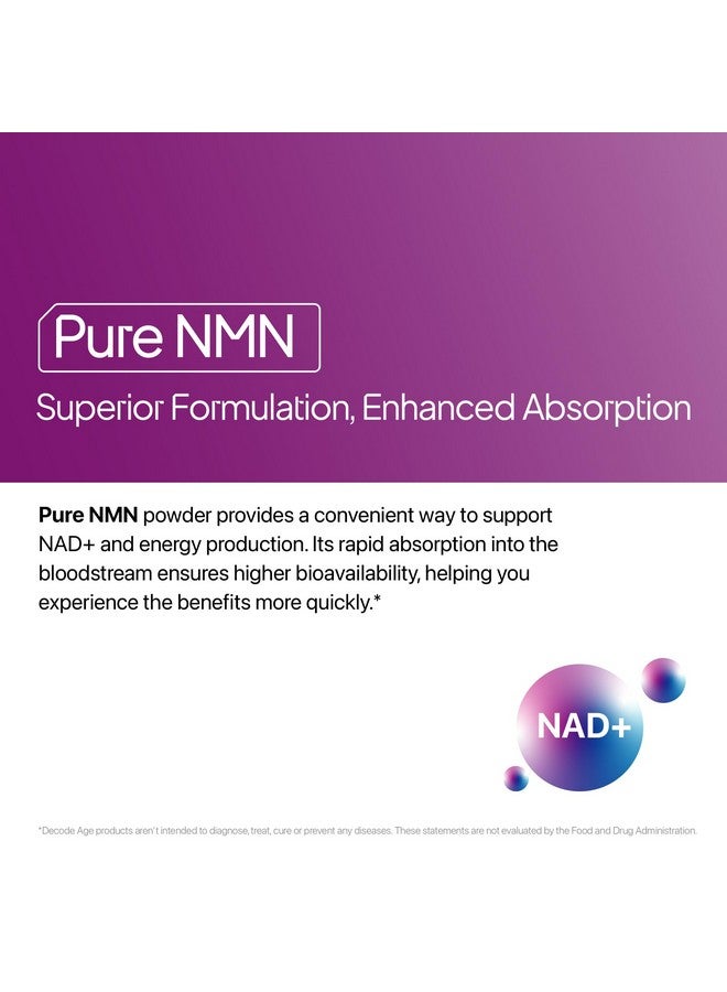 Decode Age Pure NMN, 99.9% Pure Beta NMN, High Bioavailability, NAD+ Booster for Energy, Metabolism, Cellular Repair & Skin Health, 14gm, 46 Servings - Image 2