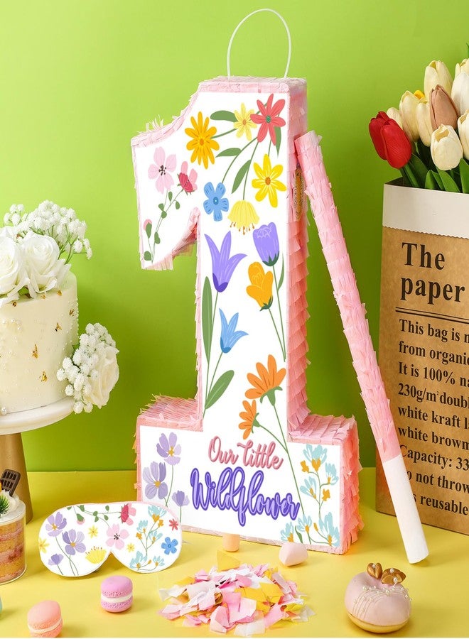 Marspark Wildflower Piñata Wild One 1st Birthday Decorations Pink First Birthday Piñata with Stick Blindfold for Floral First Theme Baby Shower Celebration Decorations Supplies, 16.54 × 11 inch - Image 4