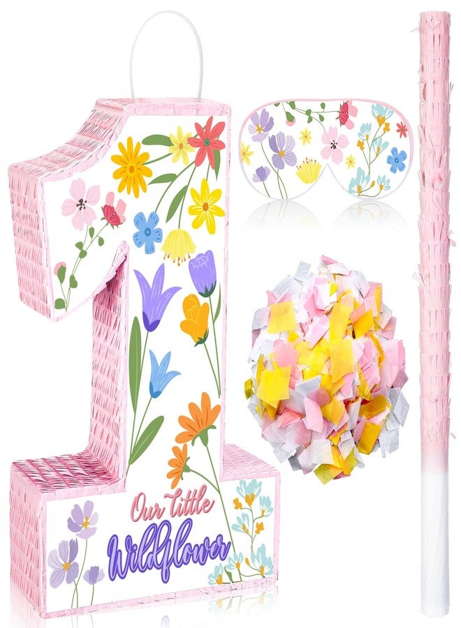 Marspark Wildflower Piñata Wild One 1st Birthday Decorations Pink First Birthday Piñata with Stick Blindfold for Floral First Theme Baby Shower Celebration Decorations Supplies, 16.54 × 11 inch - Image 1