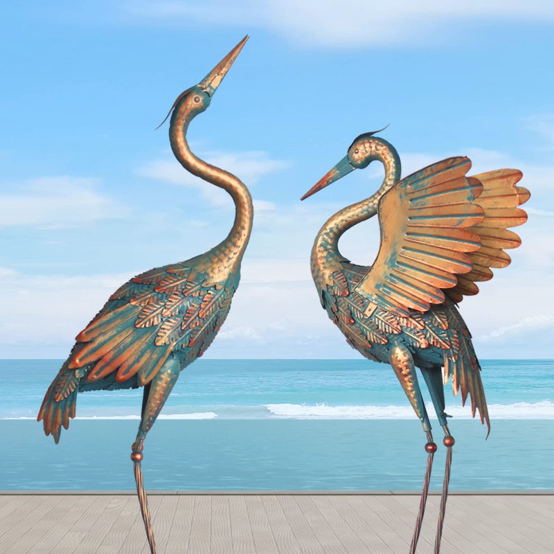 Oritty Oritty 3337 Inch Metal Crane Garden Statue Dcor Bird Heron Garden Sculpture  Statues Outdoor Decoration for Yard Pond Lawn Backyard Pool Vintage Spread Wings Crane Set of 2 Copper 