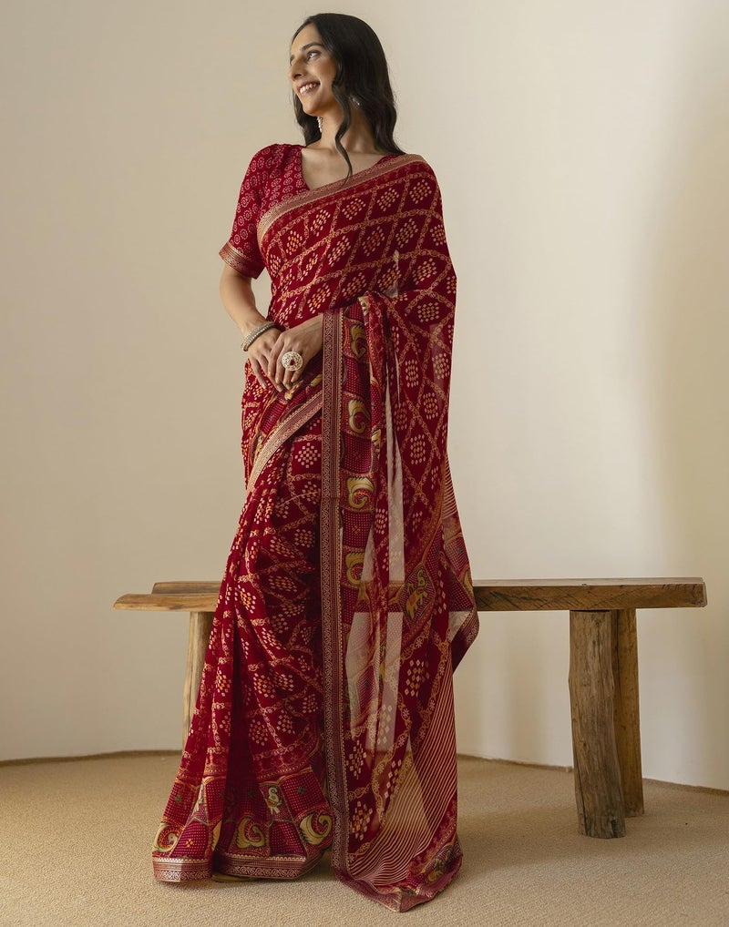 SIRIL Women's Georgette Bandhani Printed Saree with Unstitched Blouse Piece (4539S391_Maroon) - Image 2