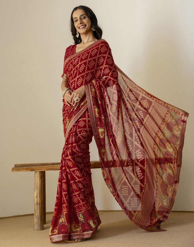 SIRIL Women's Georgette Bandhani Printed Saree with Unstitched Blouse Piece (4539S391_Maroon) - Image 3
