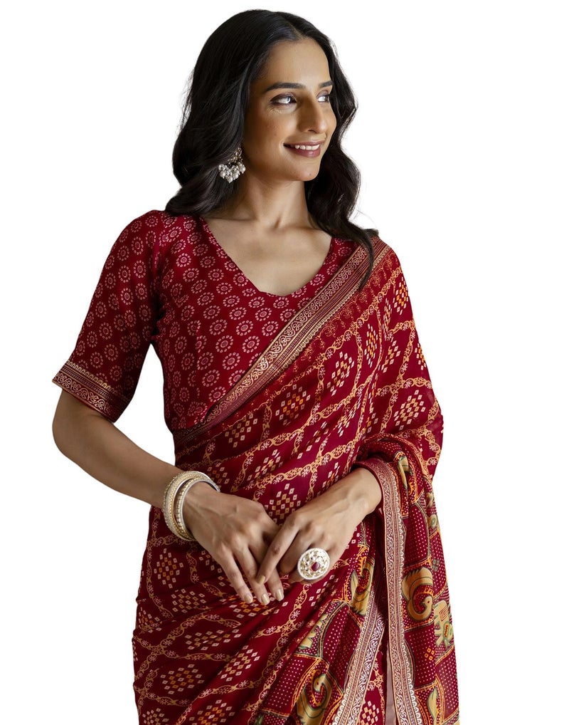 SIRIL Women's Georgette Bandhani Printed Saree with Unstitched Blouse Piece (4539S391_Maroon) - Image 1