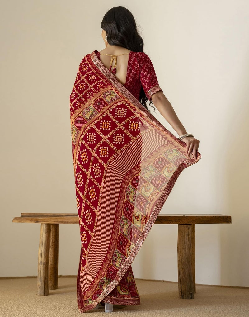 SIRIL Women's Georgette Bandhani Printed Saree with Unstitched Blouse Piece (4539S391_Maroon) - Image 4