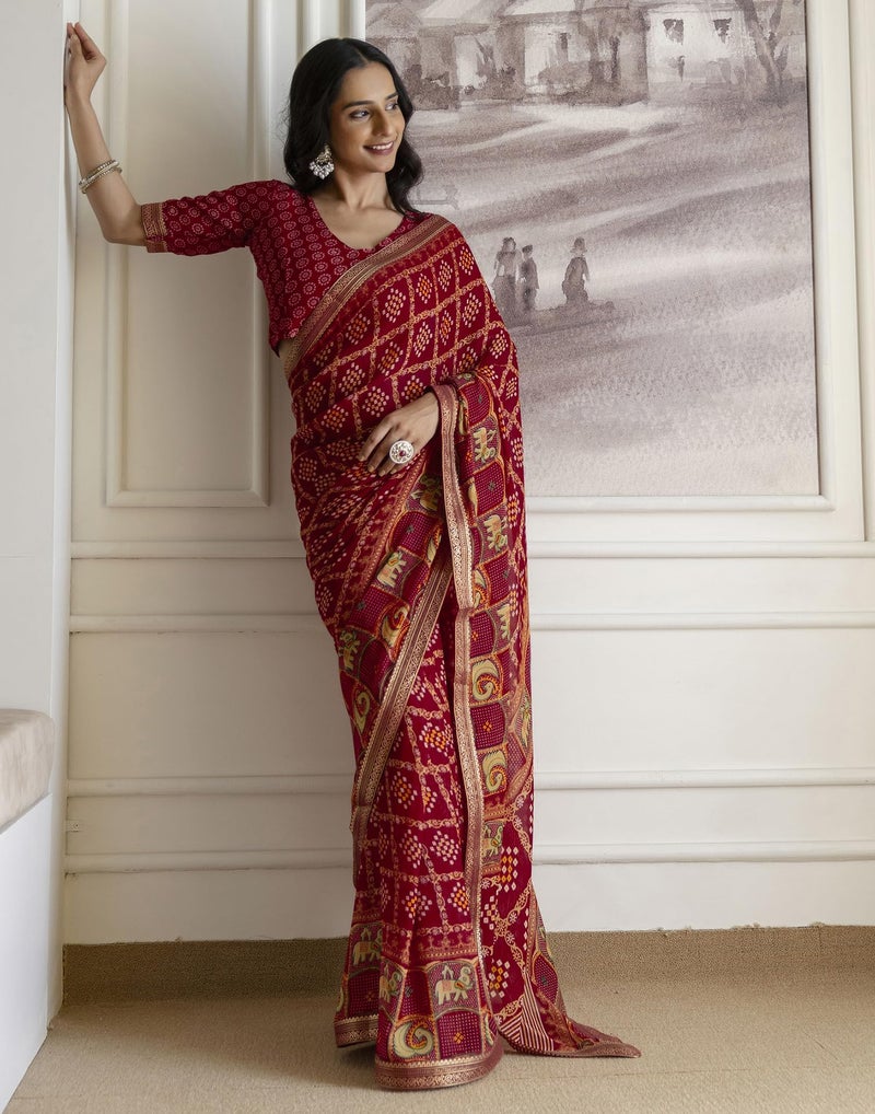 SIRIL Women's Georgette Bandhani Printed Saree with Unstitched Blouse Piece (4539S391_Maroon) - Image 5