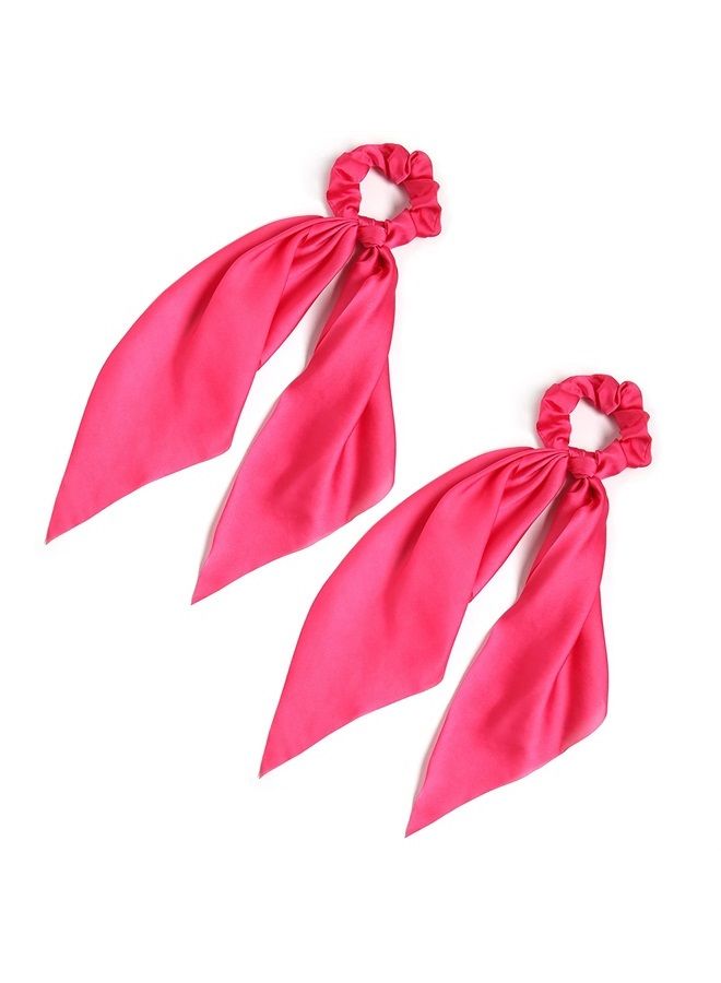 LFOUVRE Pack of 2 Knotted Bow Hair Scrunchies Elastic Hair Scarf Black Hair Ties Bands Satin Hair Ribbon Scrunchy Red Ponytail Holder for Women and Girls (Hot pink) - Image 1