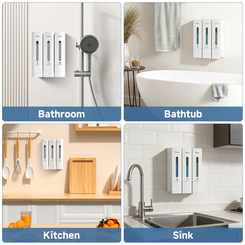 Pobamle Shampoo and Conditioner Dispenser - Shower Soap Dispenser Wall Mounted No Drill - Shampoo Conditioner Body Wash Dispenser 3 Chamber - Easy Install for Bathroom Hotel White 1200ml - Image 3
