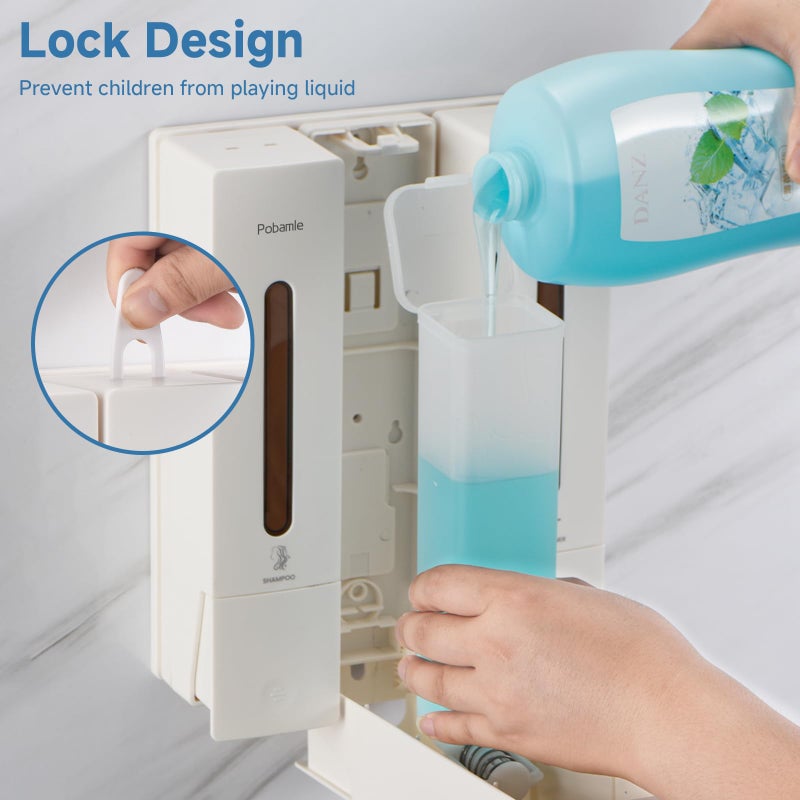 Pobamle Shampoo and Conditioner Dispenser - Shower Soap Dispenser Wall Mounted No Drill - Shampoo Conditioner Body Wash Dispenser 3 Chamber - Easy Install for Bathroom Hotel White 1200ml - Image 4