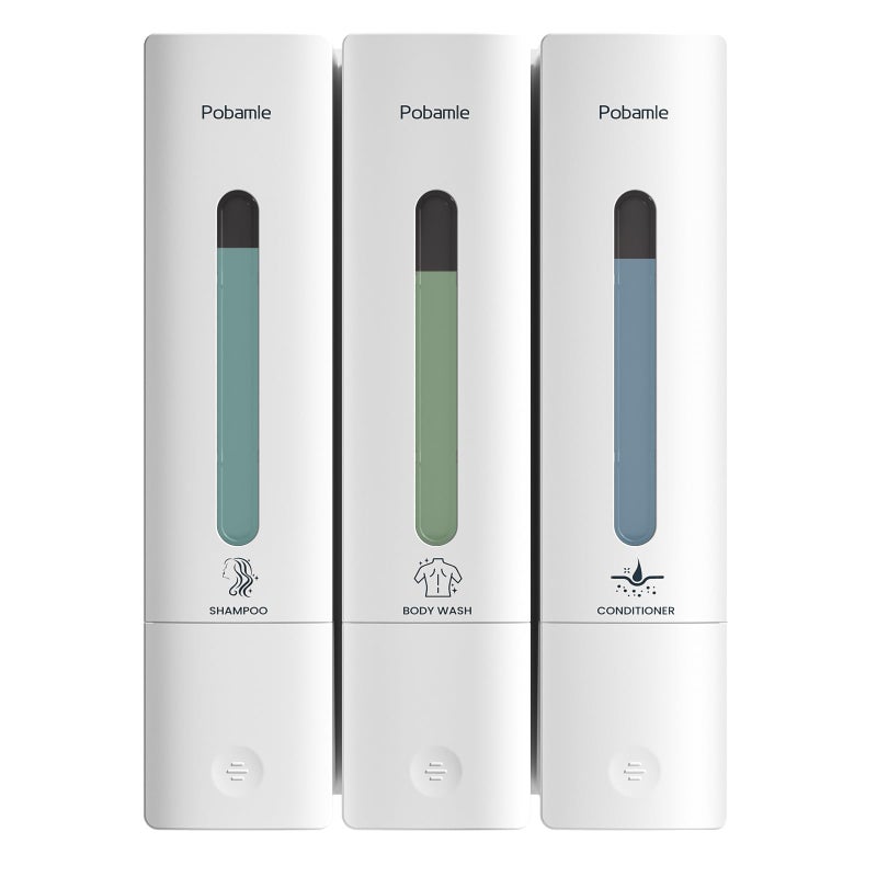 Pobamle Shampoo and Conditioner Dispenser - Shower Soap Dispenser Wall Mounted No Drill - Shampoo Conditioner Body Wash Dispenser 3 Chamber - Easy Install for Bathroom Hotel White 1200ml - Image 1