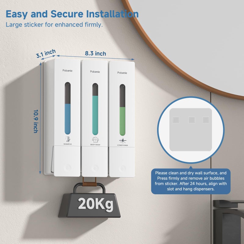 Pobamle Shampoo and Conditioner Dispenser - Shower Soap Dispenser Wall Mounted No Drill - Shampoo Conditioner Body Wash Dispenser 3 Chamber - Easy Install for Bathroom Hotel White 1200ml - Image 5