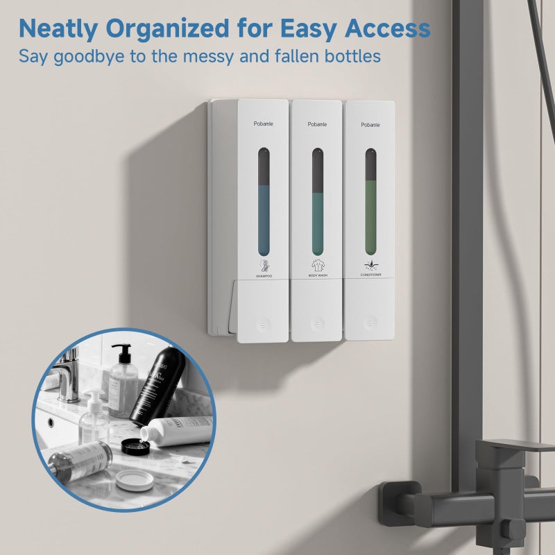 Pobamle Shampoo and Conditioner Dispenser - Shower Soap Dispenser Wall Mounted No Drill - Shampoo Conditioner Body Wash Dispenser 3 Chamber - Easy Install for Bathroom Hotel White 1200ml - Image 2