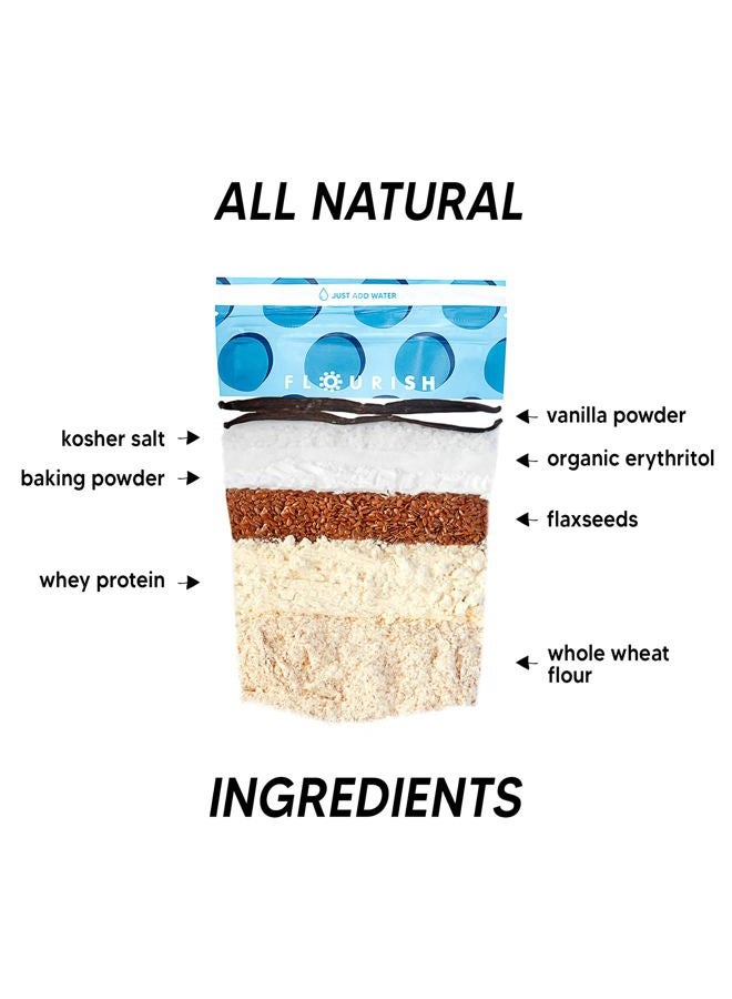 FLOURISH خليط فطائر ووافل البروتين، بروتين مصل اللبن المعزول وبذور الكتان، غير معدلة وراثيًا، بدون سكر مضاف، غذاء خارق، عالي البروتين والألياف، فقط أضف الماء - فانيليا، 16 أونصة - Image 2