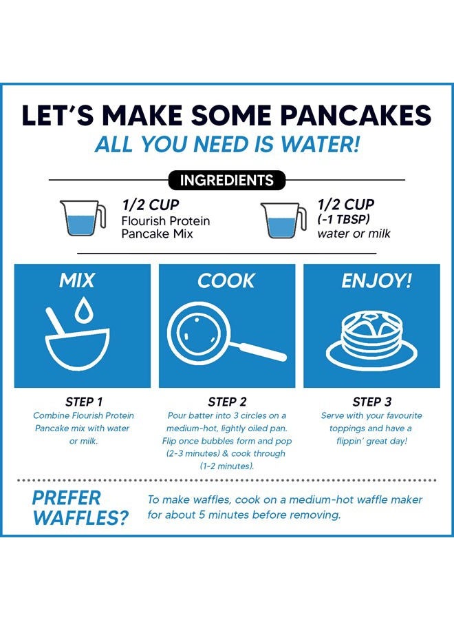 FLOURISH خليط فطائر ووافل البروتين، بروتين مصل اللبن المعزول وبذور الكتان، غير معدلة وراثيًا، بدون سكر مضاف، غذاء خارق، عالي البروتين والألياف، فقط أضف الماء - فانيليا، 16 أونصة - Image 3
