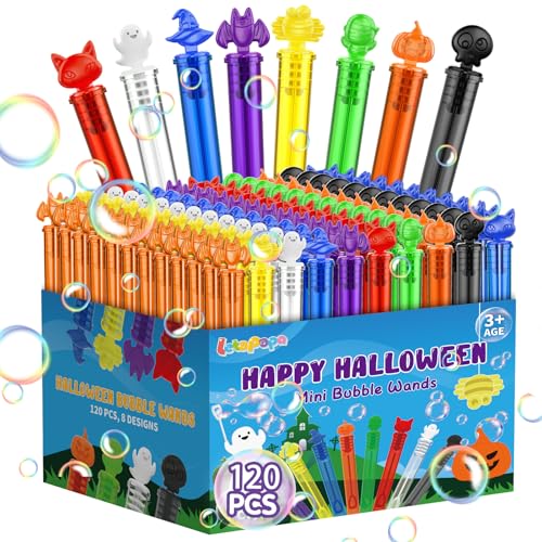 Letapapa 120 PCS Halloween Mini Bubble Wands Halloween Party Favors for Kids Bubble Wand Bulk for Goodie Bag Stuffers Trick or Treat Halloween School Classroom Prizes Gifts for Boys Girls8 Designs - Image 1
