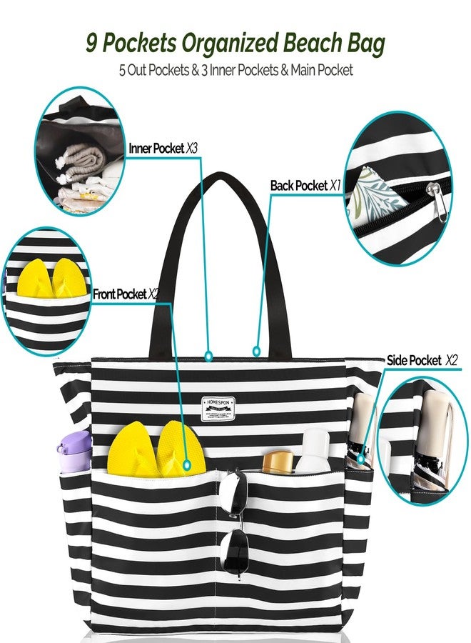 HOMESPON Large Waterproof Beach Bag for Women Sandproof Tote Bag Pool Bag with Zipper and Pockets for Travel Vacation Gym (Black Stripes) - Image 4