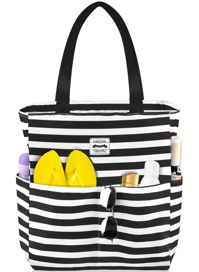 HOMESPON Large Waterproof Beach Bag for Women Sandproof Tote Bag Pool Bag with Zipper and Pockets for Travel Vacation Gym (Black Stripes) - Image 1