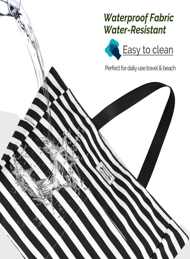 HOMESPON Large Waterproof Beach Bag for Women Sandproof Tote Bag Pool Bag with Zipper and Pockets for Travel Vacation Gym (Black Stripes) - Image 5
