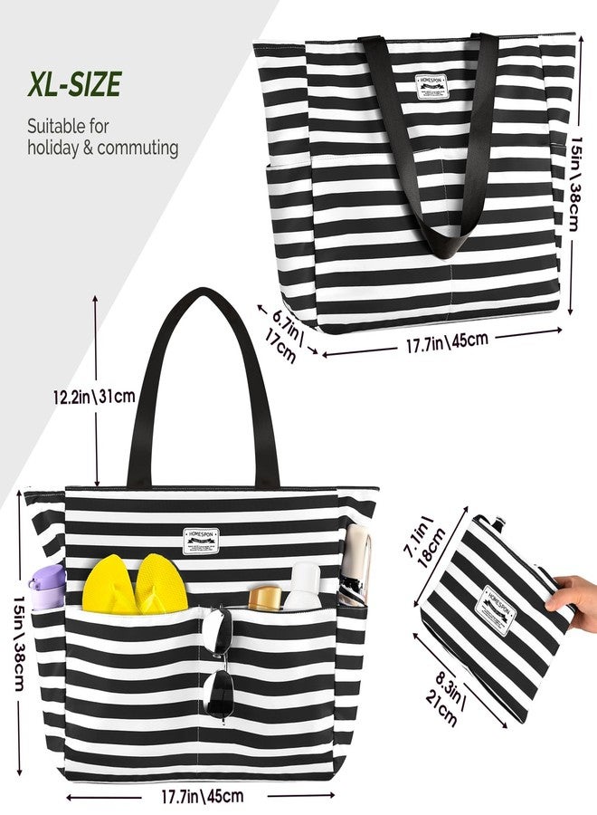 HOMESPON Large Waterproof Beach Bag for Women Sandproof Tote Bag Pool Bag with Zipper and Pockets for Travel Vacation Gym (Black Stripes) - Image 3