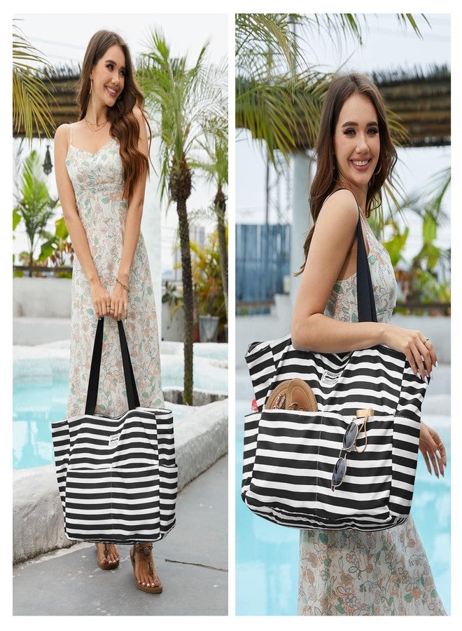 HOMESPON Large Waterproof Beach Bag for Women Sandproof Tote Bag Pool Bag with Zipper and Pockets for Travel Vacation Gym (Black Stripes) - Image 2