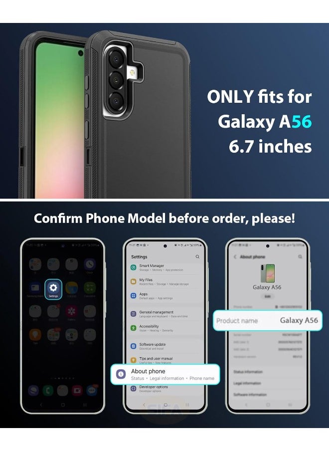 Samsung Galaxy A56 Case with HD Tempered Glass Screen Protector, Durable Shockproof 3-Layer Heavy Duty Phone Case, [Shockproof] [Drop-Proof] [Dust-Proof] Bumper Case for Samsung A56 5G 6.7″, Black