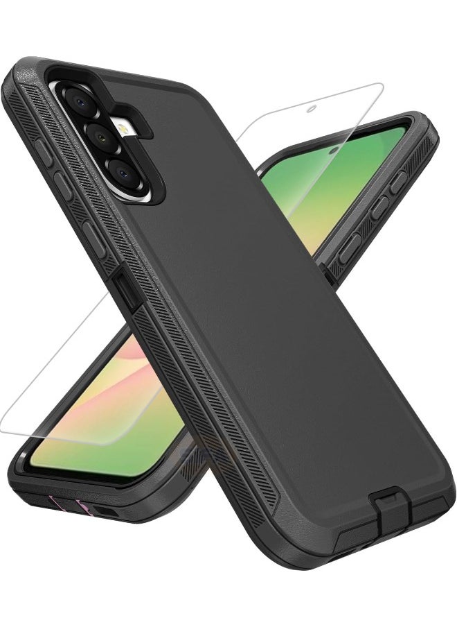 Samsung Galaxy A56 Case with HD Tempered Glass Screen Protector, Durable Shockproof 3-Layer Heavy Duty Phone Case, [Shockproof] [Drop-Proof] [Dust-Proof] Bumper Case for Samsung A56 5G 6.7″, Black