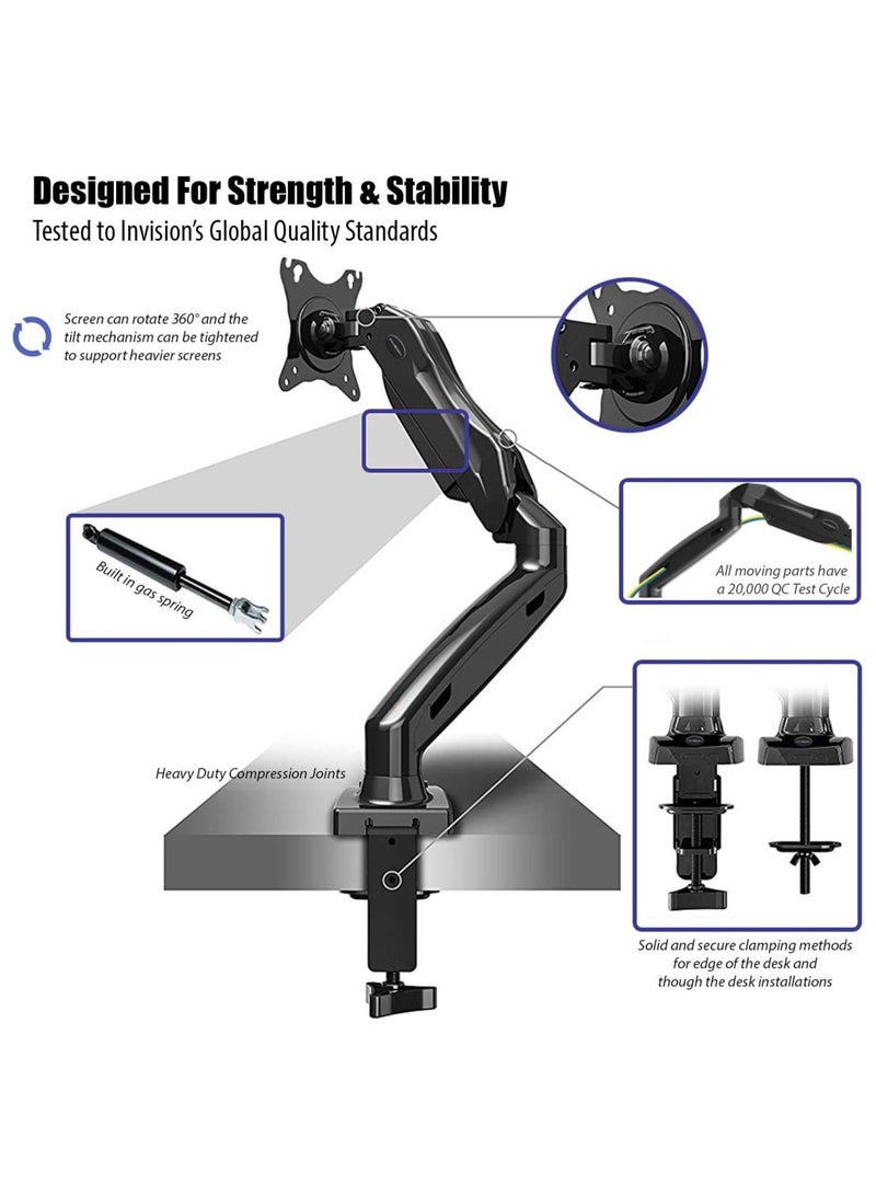 Height-Assisted Full Motion Single PC Monitor Arm Desktop Clamp Mount for 17-27in Adjustable Screens,75 to 100mm - Image 3